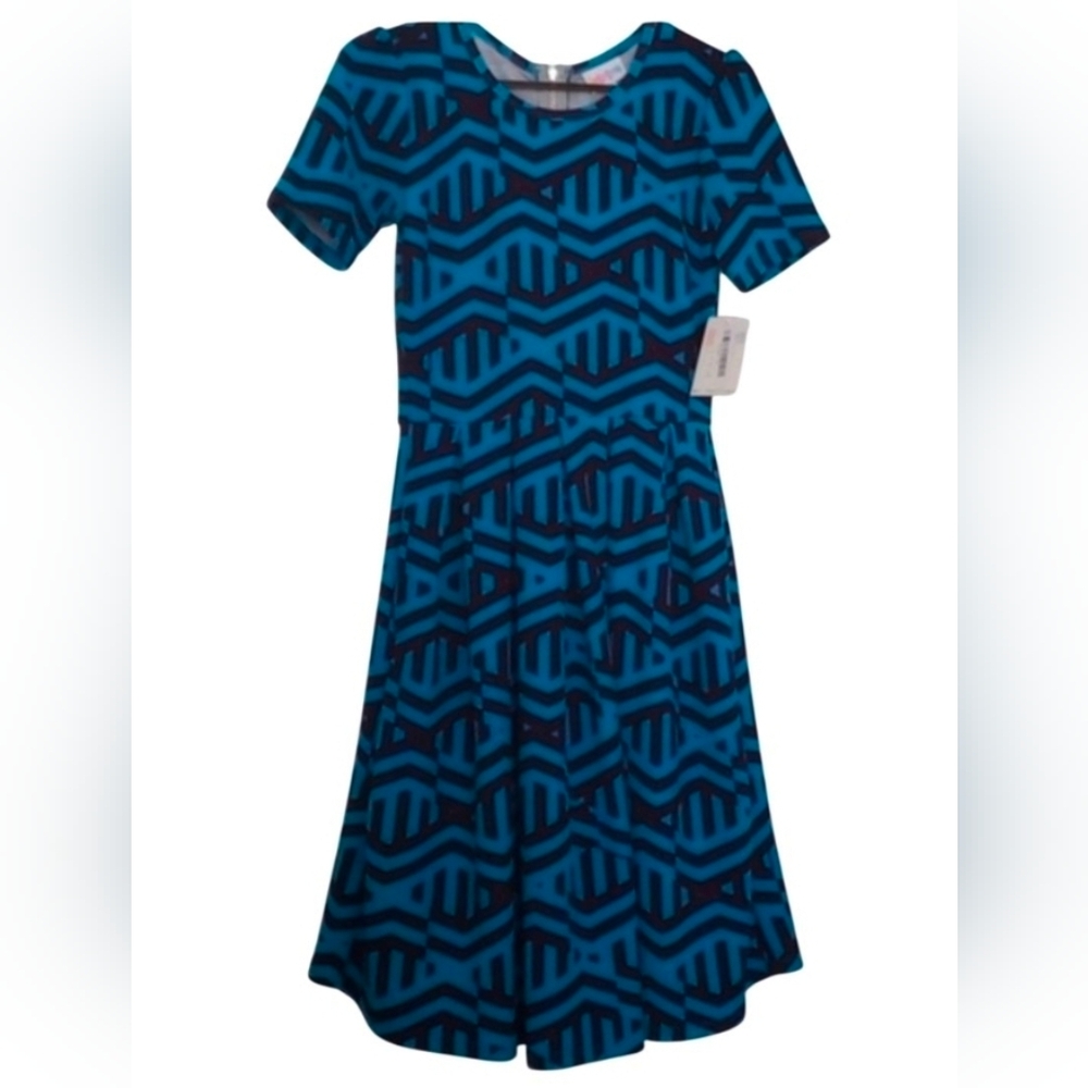 Lularoe Amelia dress blue purple Pleated, pockets, chunky metal zipper